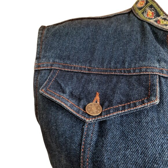 Vintage 90 Denim Jean Vest Oversized Embroidered Fringe Size S Dark Wash - Picture 3 of 10